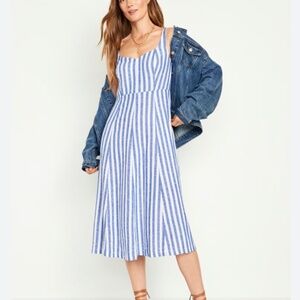 Old Navy Linen Blend Fit & Flare Sleeveless Midi Dress Blue Stripe, Size S